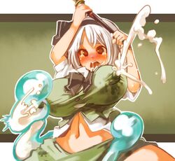 1girls blush breasts brown_eyes erect_nipples female ghost humanoid hyper_lactation lactation lactation_through_clothes milk open_mouth red_eyes sachito short_hair silver_hair solo sword team_shanghai_alice tear tears touhou weapon youkai youmu_konpaku