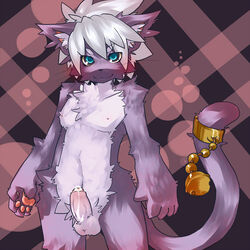 1boy bell blue_eyes chest_tuft cum erection feline grey_hair kosian male male_only pads penis solo tail_bell