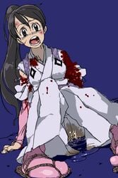 artist_request blood cuts highres injury kekkaishi kimono peeing sandals source_request tokine_yukimura torn_clothes wounded yukimura_tokine