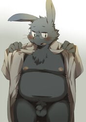 1boy anthro balls blush chest_tuft chubby fat flaccid fur furry glasses grey hamham lagomorph male male_only penis rabbit robe solo uncut