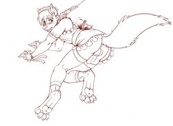 1boy anthro balls blush bow canine collar crossdressing eleode fur furry leash line_art looking_at_viewer maid_uniform male male_only pawpads penis ribbons solo stockings