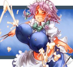 1girls blush breasts erect_nipples female huge_breasts human hyper_lactation lactation lactation_through_clothes maid milk purple_hair red_eyes sachito sakuya_izayoi short_hair silver_hair solo team_shanghai_alice tears touhou