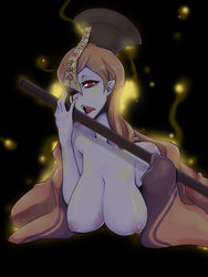 1girls blonde_hair blue_skin breasts evil fangs female final_fantasy final_fantasy_tactics hat in_k long_hair mystic_(fft) nipples one_closed_eye open_mouth pointy_ears polearm red_eyes robe solo staff tongue weapon wink zombie