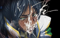 blue_hair blush breath bukkake censored code_geass cum cum_explosion dorothea_ernst ejaculation facial green_eyes heavy_breathing hyottokoaki long_hair penis saliva sweat tear tongue