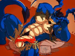 abs balls beard beastly_bahamunt biceps clothing dragon facial_hair looking_at_viewer lying male male_only muscles pecs penis pose precum reclining solo taoren torn_clothing