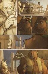 2boys anthro bandage_on_nose bear beige_fur body_fur brown_eyes brown_fur canine comic english_text facial_hair forge_(artist) furry furry_only gay goatee green_eyes male male/male male_only masculine mature_male no_visible_genitalia nose_piercing nose_ring septum_piercing the_horse_with_no_name thewielder ursid wolf yaoi