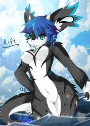 1girls adiago anthro black_fur blue blue_hair breasts dragon dragoon86 female fur furry furry_only horns looking_at_viewer nipples nude pussy rift_drake scalie solo splash spots stripes tail thigh_gap water white_fur