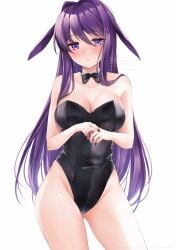 big_breasts bowtie breasts bunny_costume bunny_ear bunny_ears bunny_girl bunnysuit cleavage doki_doki_literature_club dress female female_only fingernails fully_clothed huge_breasts latex long_hair mitarou_sk nail_polish purple_eyes purple_hair purple_nails revealing_clothes slight_blush thick_thighs thighs tight_clothing white_background yuri_(doki_doki_literature_club)