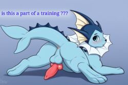 ai_generated ass balls canine_penis english_text feral laying_down looking_at_viewer male male_only penis pokemon pokemon_(species) presenting_anus presenting_penis rataddict solo spread_legs text vaporeon