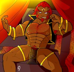 balls bara beard chest_tuft facial_hair flaccid ganondorf gerudo hairy jacket loincloth makidotsukashi male male_only muscles muscular nintendo nipple_piercing open_jacket penis red_hair rehydrated_ganondorf see-through_clothing solo solo_male spread_legs the_legend_of_zelda toony