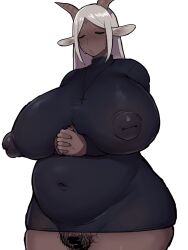 1girls bbw belly_overhang bushy_pubes censored character_request chubby chubby_female erect_nipples fat female female_only goat_girl goat_horns hairy_pussy huge_breasts kusonikumarukun overweight_female silver_hair tan_skin tight_clothing venus_body