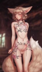 1futa ahoge animal_ear_fluff animal_ears areolae ass_visible_through_thighs balls bangs blurry blurry_background blush braid brown_eyes brown_hair earrings erection flat_chested_futanari flower fox_ears fox_futa fox_tail futa_only futanari hi_res highres humanoid humanoid_penis indoors jewelry kemonomimi khiara_(personalami) light-skinned_futanari light_skin looking_away looking_to_the_side low_twin_braids medium_hair navel nipples nude original parted_lips penis personalami revealing_clothes ribbon solo solo_futa standing tail thigh_gap thigh_strap twin_braids uncensored