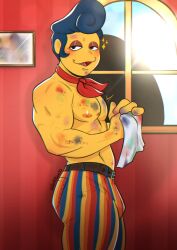 antibooart belt blue_hair blush blushing bulge bulge_through_clothing covered_in_paint lidded_eyes looking_at_viewer male_only muscular paint puppet solo solo_male wally_darling_(welcome_home) welcome_home welcome_home_(puppet_show) yellow_body