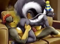 2015 anal anthro ass balls big_tail birthday birthday_hat birthday_sex black_body black_fur brown_body brown_eyes brown_fur canid canine canis closed_eyes digital_media_(artwork) domestic_dog duo erection fart fart_fetish fart_sniffing farting_in_mouth farting_on_another farting_on_face fluffy fluffy_tail fur furniture genitals german_shepherd glans hair hand_on_leg hand_on_thigh herding_dog huge_tail humanoid_genitalia humanoid_penis hybrid_genitalia hybrid_penis inside interspecies knot knotted_humanoid_penis livestock_guardian_dog lying male male/male male_penetrated male_penetrating male_penetrating_male mammal mephitid molosser moodyferret mountain_dog multicolored_body multicolored_fur nude on_back oral pastoral_dog penetration penis pyrocanis raised_tail reclining red_hair rimming sex shaded skunk sofa tail tattoo tibetan_mountain_dog tongue tongue_out two_tone_body two_tone_fur tybron white_body white_fur white_hair