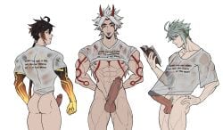 3boys abs alhaitham_(genshin_impact) arataki_itto big_penis black_hair genshin_impact genzonillablack horns huge_ass huge_balls huge_cock male_only muscular_male reading_book shirt_lift tongue_out wet_clothes wet_shirt zhongli_(genshin_impact)