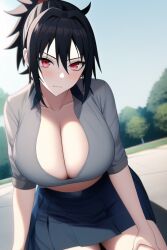 1girls ai_generated bare_legs bare_thighs big_breasts black_hair black_miniskirt blush breast_focus busty cleavage clothed clothing crop_top frown fully_clothed fuzen_kazura genderswap_(mtf) hair_ribbon large_breasts light-skinned_female light_skin looking_at_viewer miniskirt nai_diffusion naruto naruto_(series) naruto_shippuden nature nature_background outdoors outside pale-skinned_female pale_skin ponytail presenting_breasts red_eyes ribbon rule_63 sasuke_uchiha sasuko sexy_no_jutsu sharingan short_skirt shounen_jump sitting skimpy skimpy_clothes skirt solo solo_female solo_focus stable_diffusion t-shirt thick_thighs thighs tied_hair voluptuous voluptuous_female wide_hips