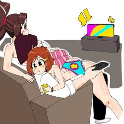 brown_hair hakkim_animation mikkah_(hakkim_animation) misha_(hakkim_animation) red_eyes sitting star_panties striped_legwear tagme watching_tv yellow_eyes