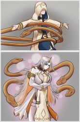 1boy 1girls bondage breasts crossover demdeet face_between_breasts fire_emblem fire_emblem_heroes gold_eyes gold_hair gullveig_(fire_emblem) hug meme multicolored_hair nintendo pale-skinned_female pale_skin silver_hair snake