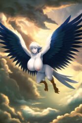 ai_generated armpit armpits arms_up beautiful_background bird_feet blue cloud digitigrade feathered_wings feathers flying happy harpy huge_breasts nai_diffusion novelai over_the_ocean pullthetriggeryoubitch smile tagme white_body white_hair