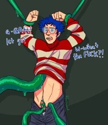 1boy blush dialogue dubious_consent erection eyes_open feferriswheel glasses goo happy_trial male male_only mostly_clothed open_mouth original_character pants_pulled_down scars scars_all_over slime slime_(feferriswheel) sweat sweater tentacle tentacle_around_penis tentacles_around_wrists tentacles_on_male tentacles_under_clothes turtleneck undressed