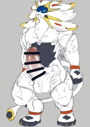 anthro balls bara barazoku big_balls big_penis boner censored_penis erection furry lion male male_only muscles muscular nintendo penis pokemon sakurayahonpo solgaleo solo solo_male white_fur