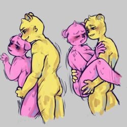 2boys against_wall anthro bear bear_ears chubby chubby_male coco_(unicorn_wars) enjoying gay gay_anal gay_sex gordi_(unicorn_wars) hand_on_ass hand_on_hip homosexual implied_anal implied_penetration implied_sex legs_up male male/male male_only male_penetrating naked pink_body pink_fur pink_skin sweat sweatdrop sweating unicorn_wars yellow_body yellow_fur yellow_skin