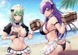 2girls alternate_costume ass beach beer beer_mug big_ass bikini black_bikini black_swimsuit breasts byleth_(fire_emblem) byleth_(fire_emblem)_(female) cleavage female female_only fire_emblem fire_emblem:_three_houses fire_emblem_warriors:_three_hopes green_hair large_breasts long_hair maid maid_uniform multiple_girls nintendo ocean outdoors purple_hair reia_hana sand shez_(female)_(fire_emblem) shez_(fire_emblem) swimsuit