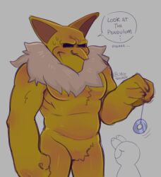 anthro blush featureless_crotch friday_night_funkin furry hypno hypnos_lullaby littlegeecko male male_only mouthless neck_tuft nintendo pendulum pokemon pokemon_(species) solo solo_male speech_bubble white_hair yellow_body yellow_fur