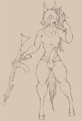 anthro armor clothing crop_top cryphalen equid equine genitals girly gun hair headgear helmet hi_res long_hair long_penis male mammal penis ranged_weapon shirt solo topwear underwear weapon