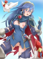 1girls accidental_exposure alternate_version_available ass_visible_through_thighs assisted_exposure blue_eyes blue_hair breasts chicken clothing embarrassed embarrassed_nude_female enf female female_only fire_emblem fire_emblem_awakening lucina_(fire_emblem) pussy scabbard shoulder_armor small_breasts solo torn_clothes xaw