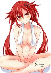 1girls areola_slip artist_signature blush breasts closed_mouth female_only front_view hairclip head_tilt kyou light-skinned_female neptunia_(series) nude_female orange_eyes red_hair shiny_breasts simple_background sitting solo towel_around_neck twintails uzume_tennouboshi