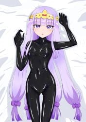 1girls 2020s 2023 5_fingers absurd_res alternate_version_at_source alternate_version_available bed black_bodysuit black_clothing black_latex bodysuit breasts cameltoe clothing crown dakimakura_design doga_kobo eyes female female_focus female_only fully_clothed hair human human_only jpg latex latex_breasts latex_clitoris latex_clothing latex_gloves latex_nipples latex_suit latex_vagina laying_down long_hair looking_at_viewer mouth navel open_eyes open_mouth princess princess_syalis purple_eyes purple_hair ribbon sameme_gigli shiny_clothes sleepy_princess_in_the_demon_castle solo starry_eyes tight_clothing tv_tokyo