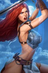 angry angry_face blue_eyes curvaceous curvy curvy_body curvy_female curvy_figure hourglass_figure kodiart96 light-skinned_female light_skin long_hair mostly_nude open_mouth red_hair red_sonja red_sonja_(comics) sword voluptuous voluptuous_female