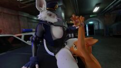 2girls 3d animated anthro cunnilingus diane_foxington female female_only furry furry_only handcuffs lesbian_sex officer_flint officer_flint_(foretbwat) police sound tagme the_bad_guys vehicle video