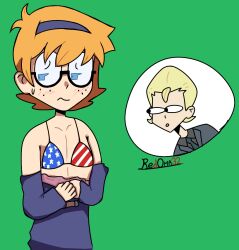 1boy 1girls 4th_of_july american_flag_bikini bikini blue_eyes female frank_(little_witch_academia) light-skinned_female light_skin little_witch_academia lotte_jansson lotte_yansson male orange_hair redoma32 tagme yellow_hair