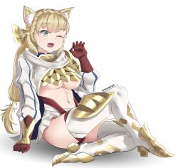 1girls animal_ears armor blonde_hair breasts cat_ears covering female female_only fire_emblem fire_emblem_heroes green_eyes half_naked medium_breasts navel nintendo no_shirt oerba_yun_fang ponytail sharena_(fire_emblem) skirt solo steeb thighhighs underboob wink