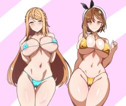 2girls atelier_(series) atelier_ryza batta_16-sei bikini bra klaudia_valentz large_ass large_breasts midriff multiple_girls navel panties reisalin_stout thick_thighs wide_hips