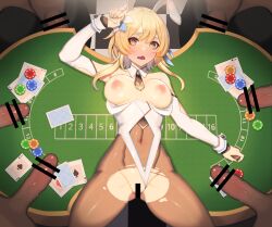 6+boys bar_censor bare_shoulders blonde_hair breasts breasts_out card censored detached_sleeves female genshin_impact high-waist_pantyhose highres imminent_sex leotard lumine_(genshin_impact) lying medium_breasts multiple_boys on_back pantyhose penis playboy_bunny playing_card poker_chip poker_table pussy rikume short_hair_with_long_locks strapless strapless_leotard surrounded table torn_clothes torn_pantyhose