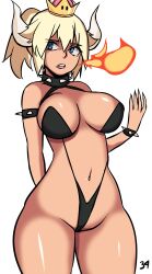 1girls armlet bangs bikini blonde_hair blue_eyes bowsette bracelet breasts collar cowboy_shot crown curvy earrings female female_only fire fire_breathing front_view fusion genderswap_(mtf) hair_between_eyes highres horns humanoid humanoidized large_breasts looking_to_the_side mario_(series) navel new_super_mario_bros._u_deluxe nintendo nipple_bulge ponytail rule_63 shiny_skin simple_background sixmi34 skimpy sling_bikini solo spiked_armlet spiked_bracelet spiked_collar standing super_crown thick_thighs white_background