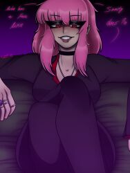 artist_self-insert artist_signature cute_deth cute_deth(artist) cute_deth(character) female_focus femdom legs_crossed looking_at_viewer perspective piercings pink_hair red_eyes self_insert sitting suit woman_in_suit yuri