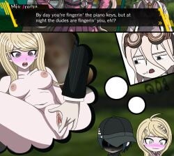 1boy 2girls akamatsu_kaede blushing danganronpa danganronpa_v3 female fingering iruma_miu large_breasts q08 saihara_shuuichi straight_hair tears text thought_bubble vaginal_fingering vaginal_penetration wet_pussy