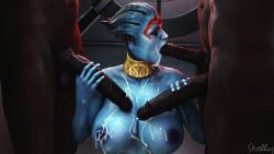 1girls 3boys 3d alien alien_girl asari big_breasts big_penis blowjob blue_skin breasts cum cum_on_breasts dark-skinned_male dark_skin female gangbang human interspecies male mass_effect multiple_boys nipples nude partial_male penis samara semen skelly3d straight