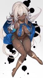 boots cute dark-skinned_female dark_elf dazed earring elf lack large_breasts looking_at_viewer orange_eyes perfect_body pubic_tattoo silver_hair tattoo thigh_gap white_background white_hair