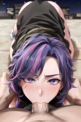 1boy 1girls adult ai_generated blush clothing fellatio female kaina_tsutsumi lady_nagant light-skinned_female looking_at_viewer male medium_hair multicolored_hair my_hero_academia no_hand_blowjob on_all_fours penis purple_eyes purple_hair short_hair