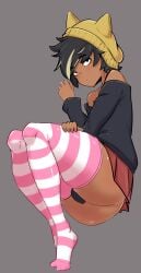 1boy beanie bulge_through_clothing dark-skinned_femboy dark-skinned_male dark_skin femboy fortnite fortnite:_battle_royale joshopaisen looking_at_viewer male male_only no_shoes pose remi_(fortnite) short_skirt sweater thick_thighs thighhighs thighs