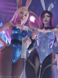 1girls 3d 9_tails ahri black_hair blonde_hair blue_eyes bunny_ears bunnysuit clothed clothing female female_only k/da_all_out_ahri k/da_all_out_series kai'sa league_of_legends light-skinned_female light_skin nine_tailed_fox purple_eyes that_maskey vastaya