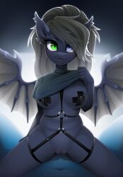 ambiguous_gender anthro bat_pony bat_wings bottomless breasts buvanybu clothed clothing clothing_lift duo dusky_rose_(chaosreverent) equid equine fan_character female female/ambiguous genitals harness hasbro heterochromia hi_res looking_at_viewer mammal membrane_(anatomy) membranous_wings mostly_nude my_little_pony nipple_tape pasties pussy shirt shirt_lift spread_legs spread_wings spreading tape topwear wings