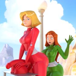 2futas 3d 3d_(artwork) ass belt big big_balls big_breasts big_butt big_penis bodysuit clover_(totally_spies) condom condom_filling condom_on_penis condom_suit cum cum_filled erection_under_clothes fat_ass futa_only futanari genitalwear handwear holdingnuts huge_ass huge_balls huge_breasts huge_butt huge_cock human intersex oversized_balls pale_skin sam_(totally_spies) self_upload suit tagme thick_ass thick_thighs thighs totally_spies