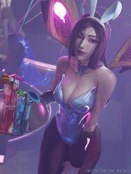 1girls 3d black_hair bunny_ears bunnysuit clothed clothing female female_only kai'sa league_of_legends light-skinned_female light_skin purple_eyes that_maskey