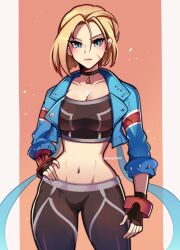 2023 armlet artist_name big_breasts blonde_hair blue_eyes cammy_white capcom cleavage collar crop_top denim_jacket fingerless_gloves hourglass_figure looking_at_viewer midriff navel scar scar_on_cheek short_blonde_hair short_hair signature street_fighter street_fighter_6 thick_thighs touyarokii yoga_pants